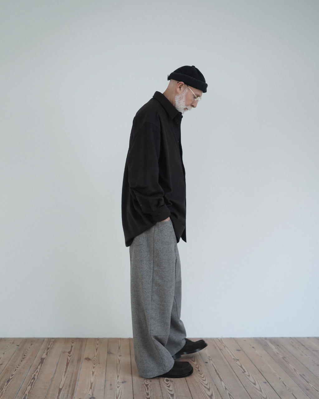 Wool Blend Heavy Flannel Wide Tuck Over Shirt <#olive>