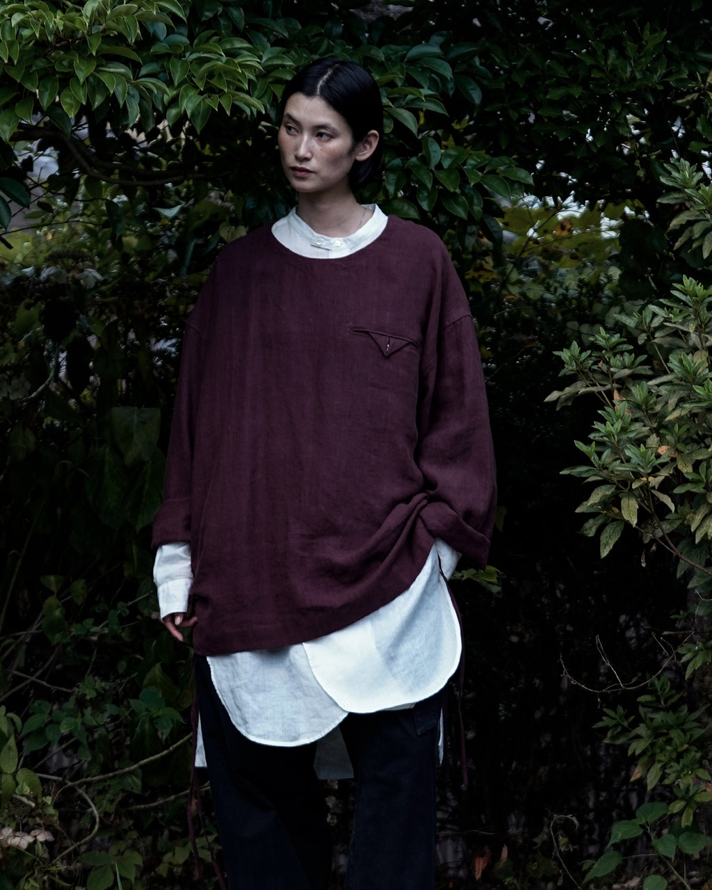 French Linen Side Shirring Long-Sleeve Pullover<#burgundy>