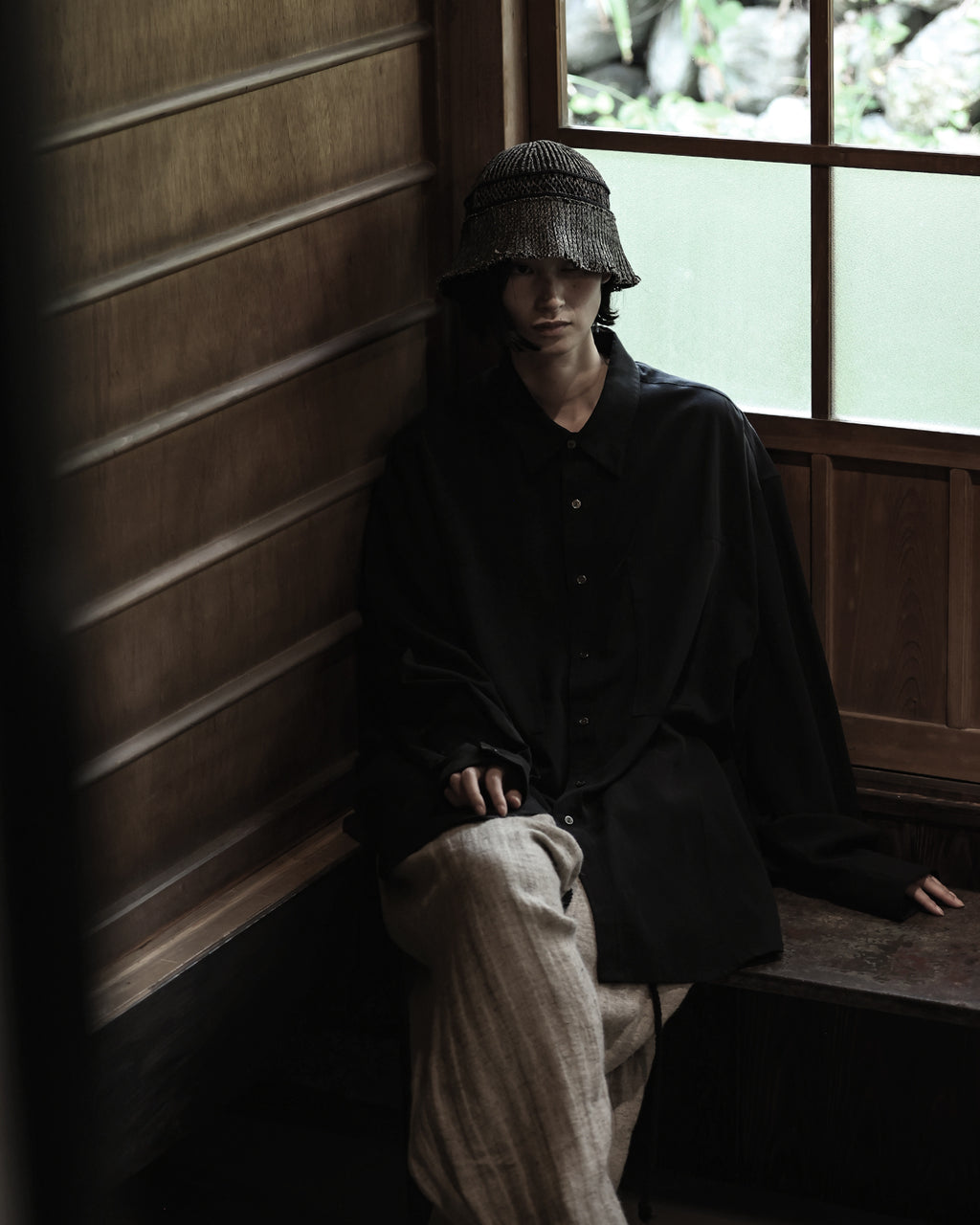Linen-Tencel Double Pocket Regular Collar Over Shirt <#black>