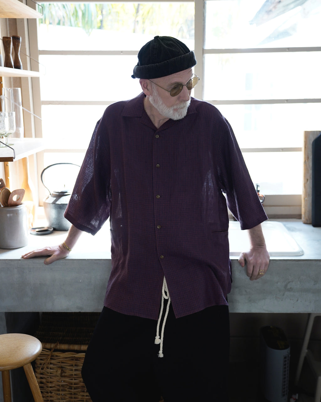 Wash Linen Open Collar 3/4 Sleeve Sleeping Shirt <#brown×navy>