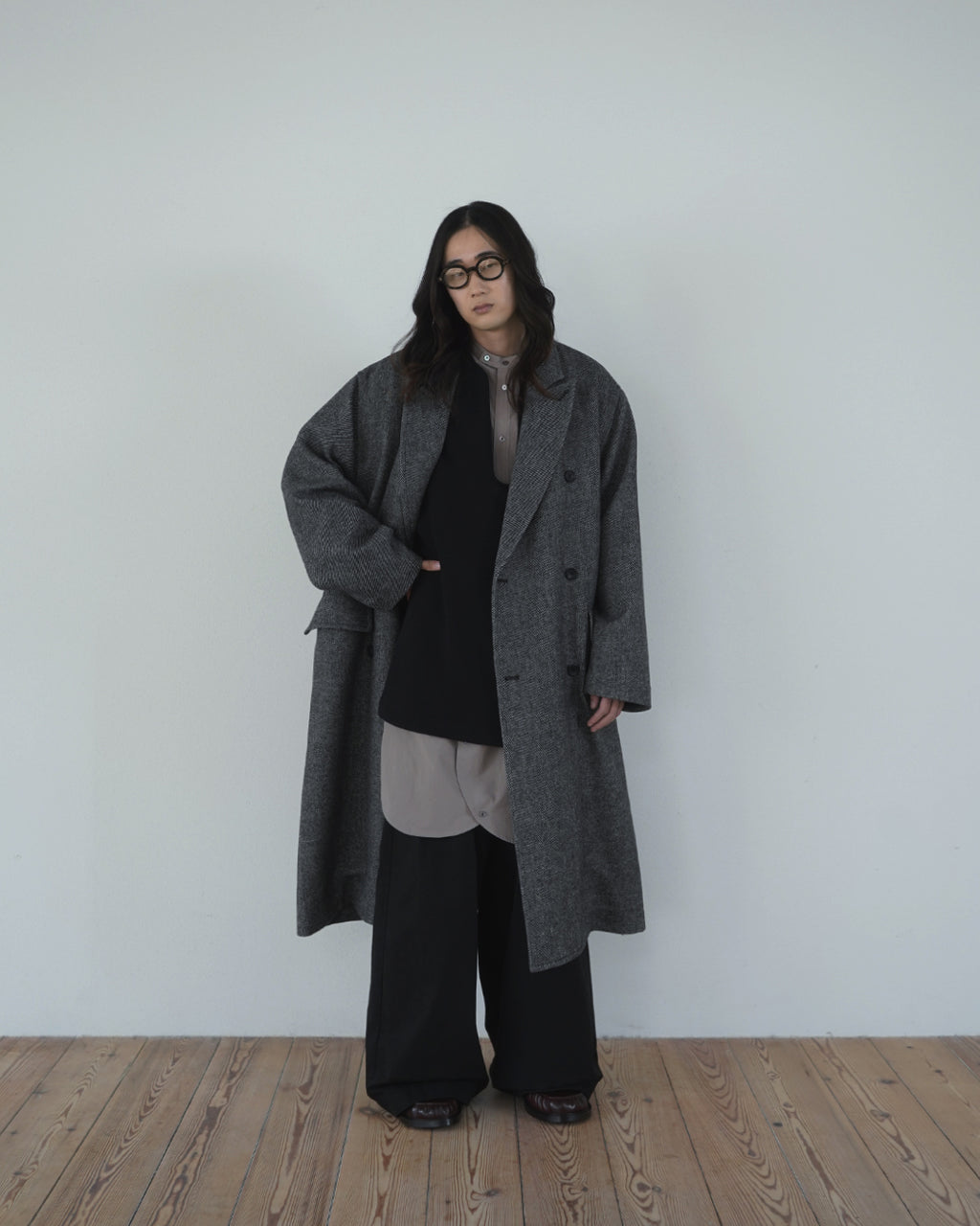 Wool Blend Double-Breasted Long Coat <#gray>