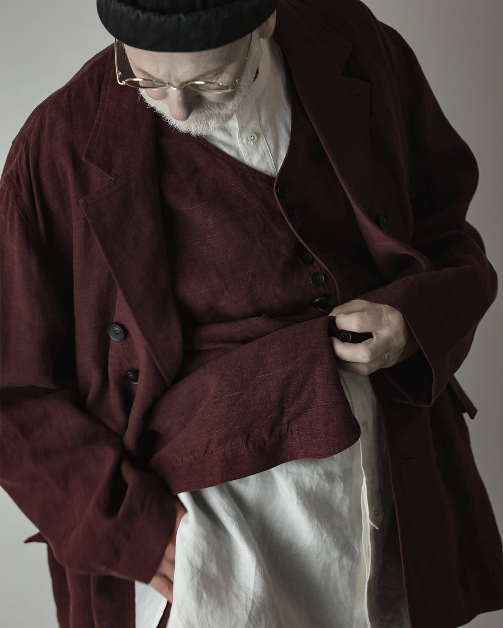 French Linen Back-Open Button Design Semi-Double Jacket <#burgundy>