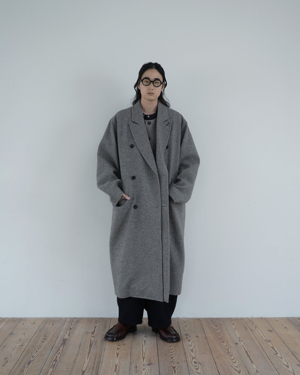 Wool Blend Double-Breasted Long Coat <#greige>