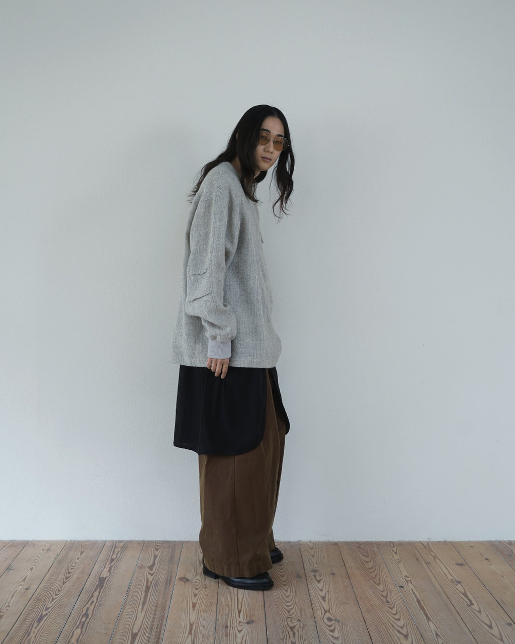 Shetland Wool Linen Crew Neck LS Tuck Rib Pullover <#light gray>