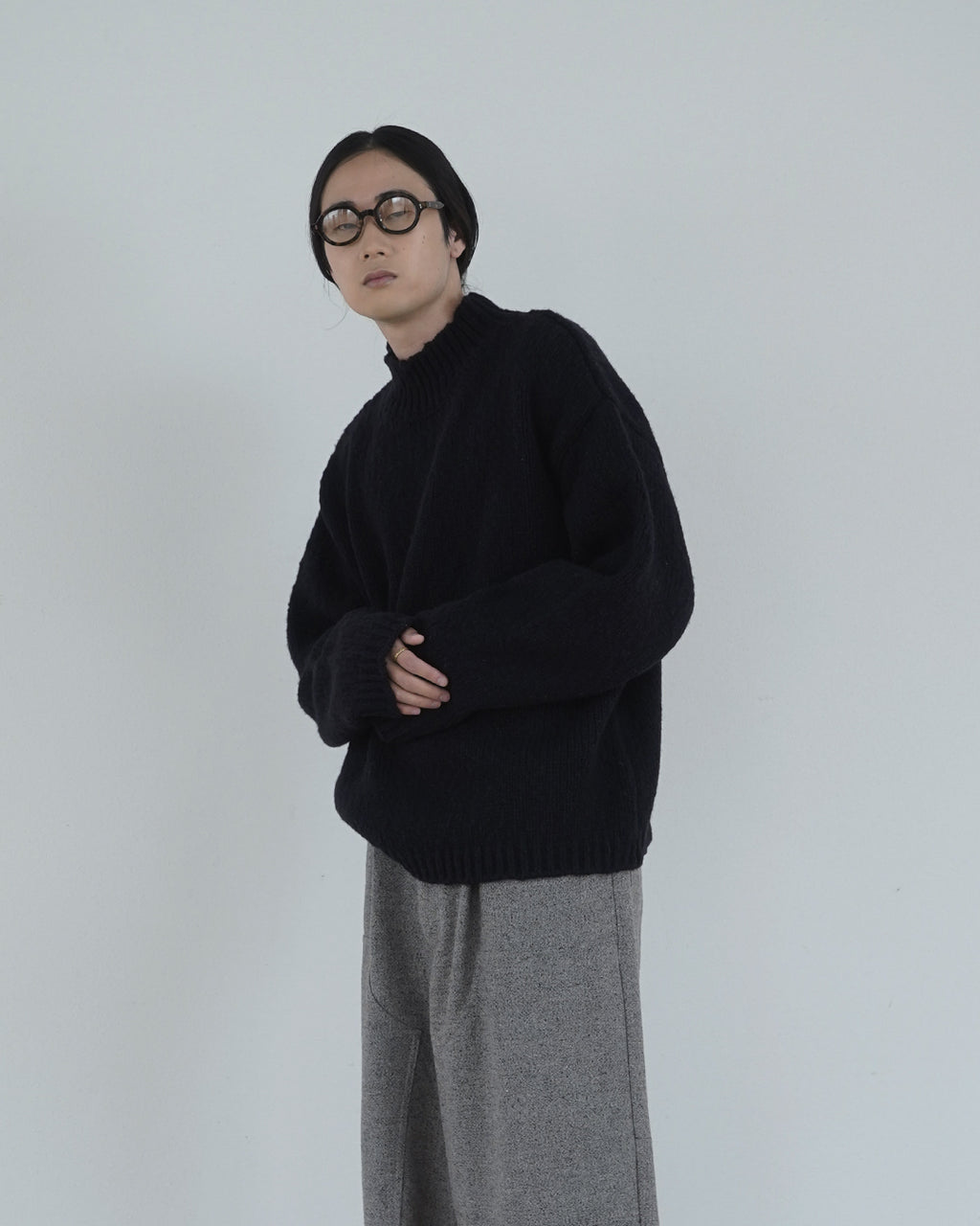 Wool Blend High Neck Hand-like Knit / Sweater <#black>