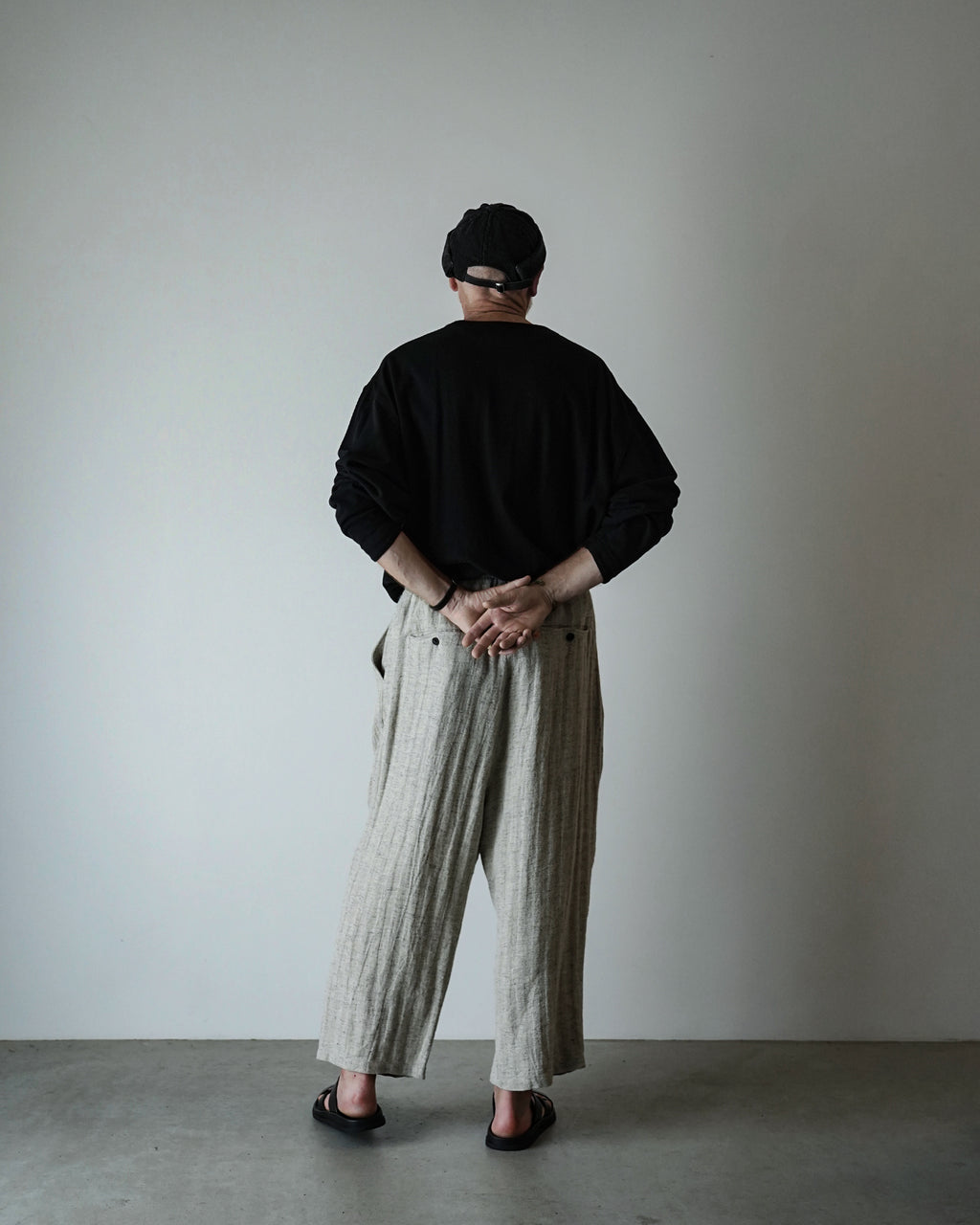 Linen Herringbone Button-Fly Easy Sarouel Pants <#heather gray>