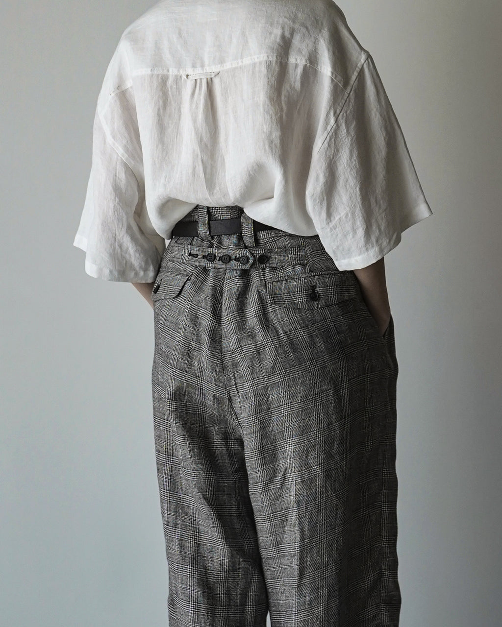 Glen Check Linen Back Belt 3Tuck Wide Straight Trousers <#glen check>