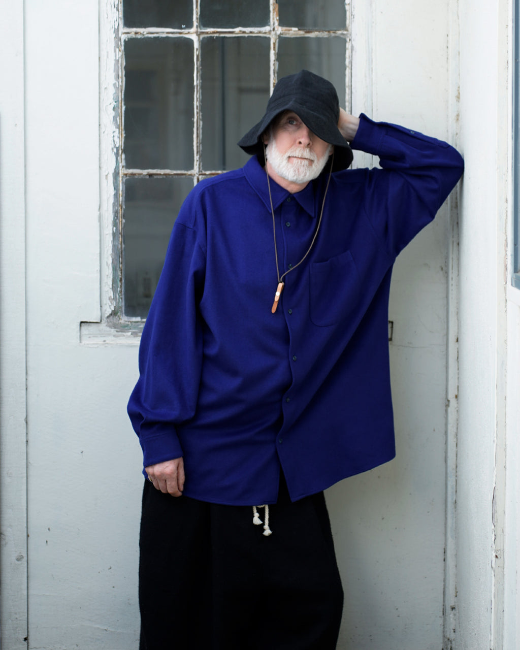 Wool Blend Heavy Flannel Wide Tuck Over Shirt <#royal blue>