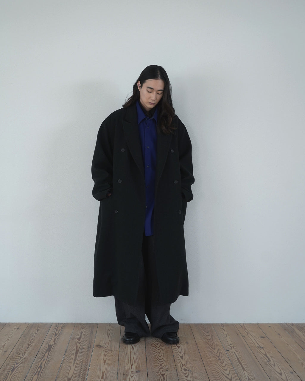 Wool Blend Double-Breasted Long Coat <#black>