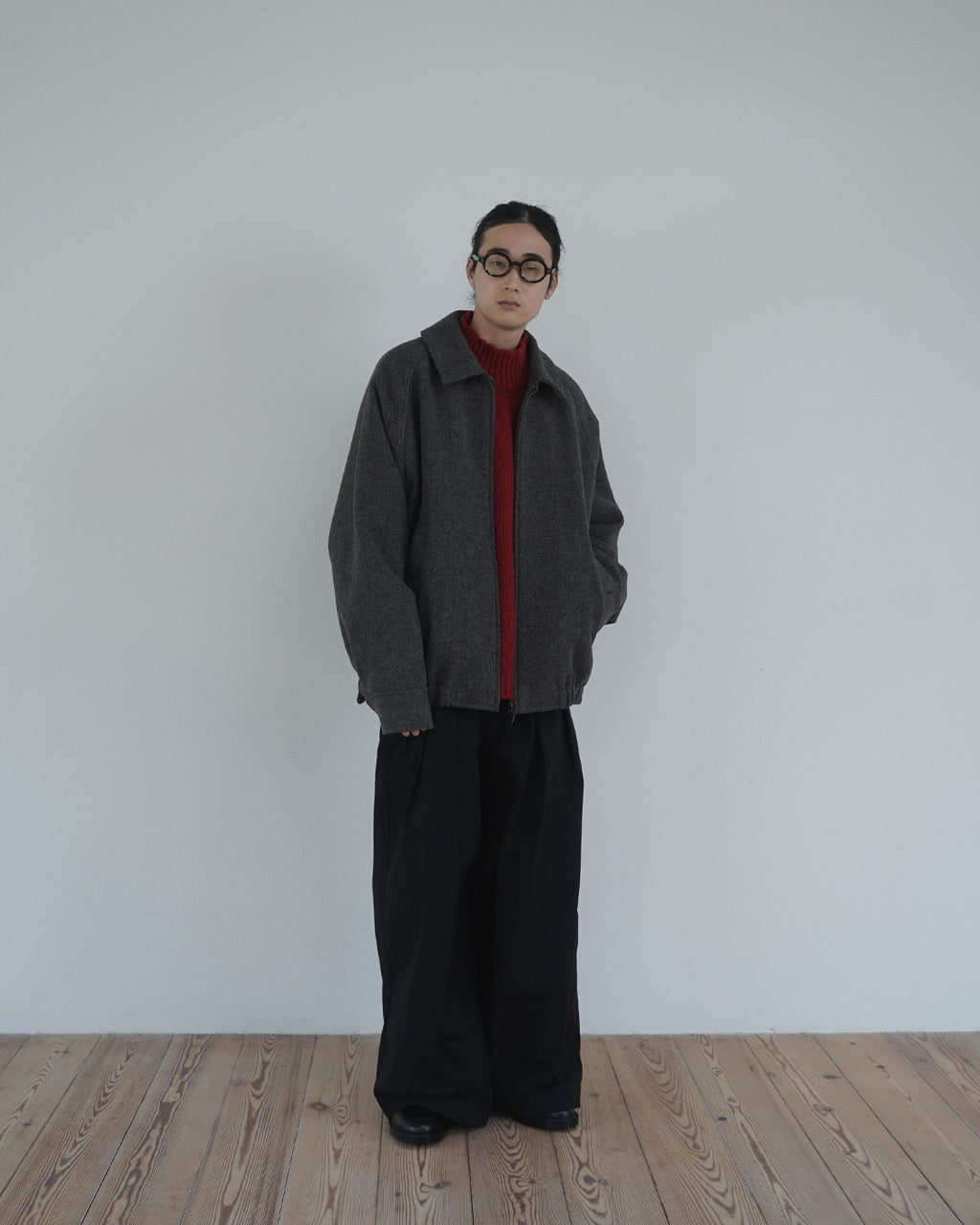 Wool Blend Herringbone Tweed Volume Zip Blouson <#brown>