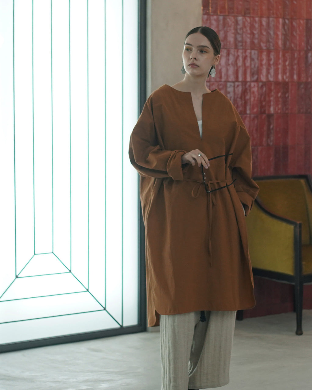 Key Neck Side Slit Long Length Pullover Shirt.