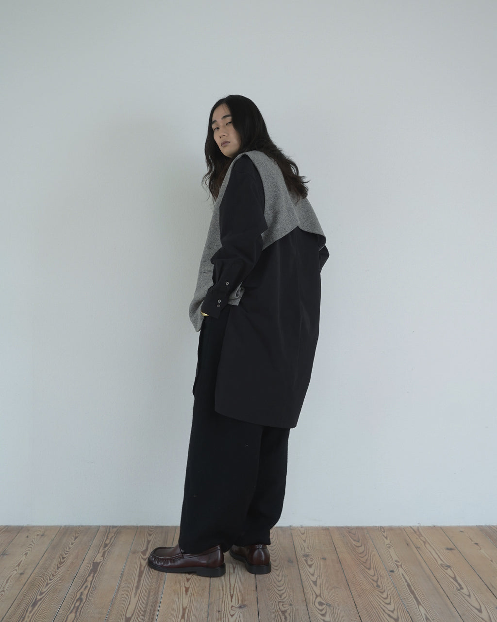 Wool Blend Tweed Back-Open Layered Crew Neck Vest <#greige>