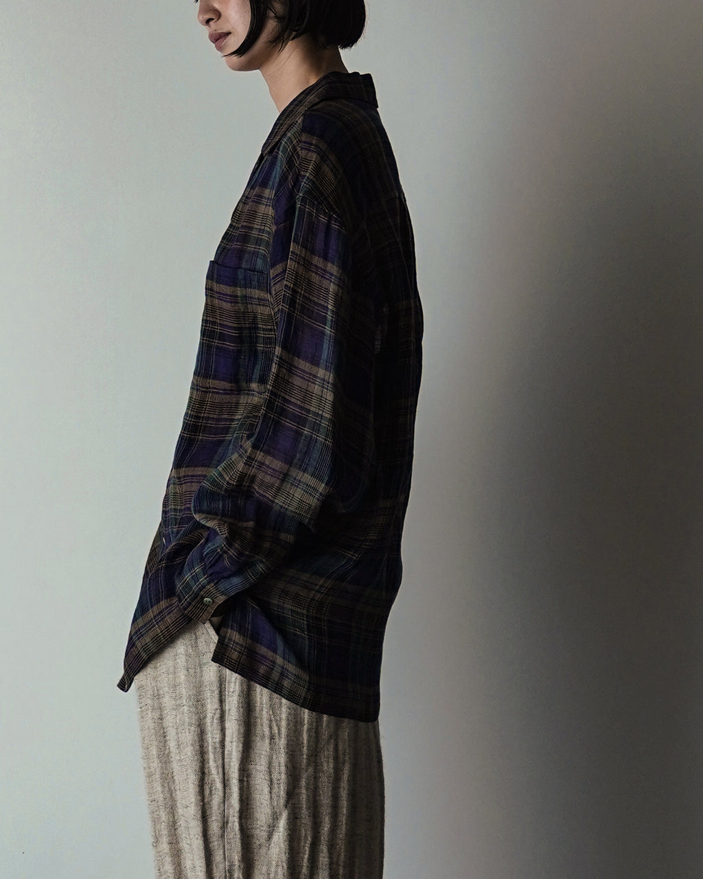 Linen Madras Check Open Collar Long-Sleeve Gathered Shirt<#navy check>