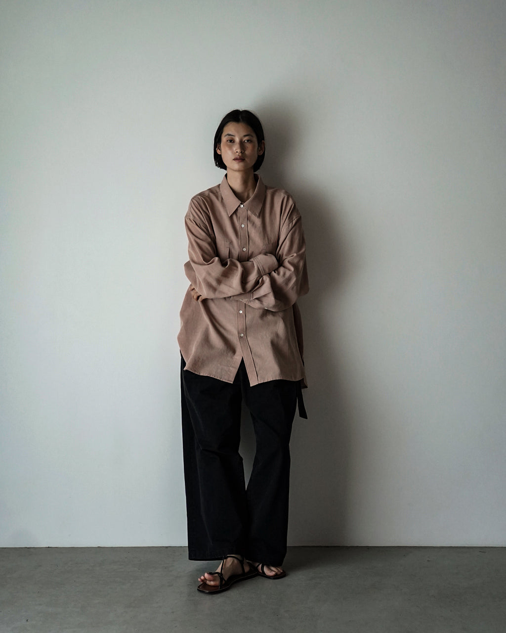 Linen-Tencel Double Pocket Regular Collar Over Shirt <#smoke pink>