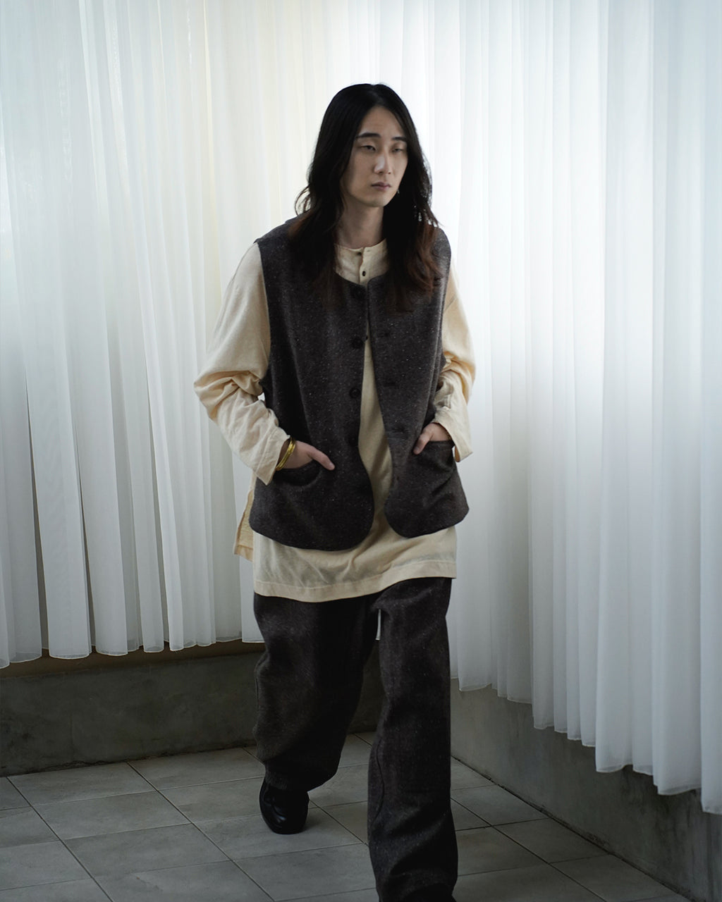 Linen Jersey Henley Neck Middle Length L/S Tee <#ivory>