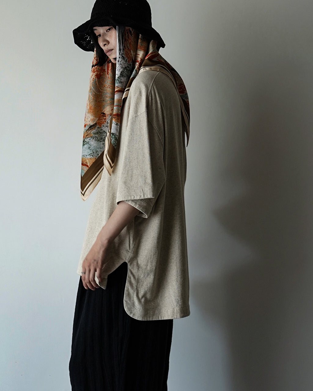 Cotton Linen Hem Round Skipper Half Sleeve Tee <#ivory>