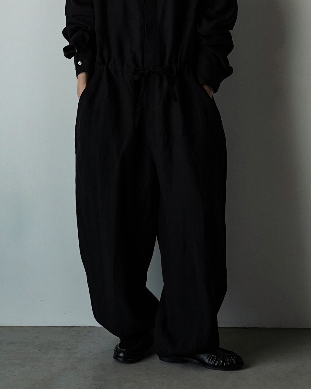 Wash Linen Band Collar Long-Sleeve Jumpsuit <#black>