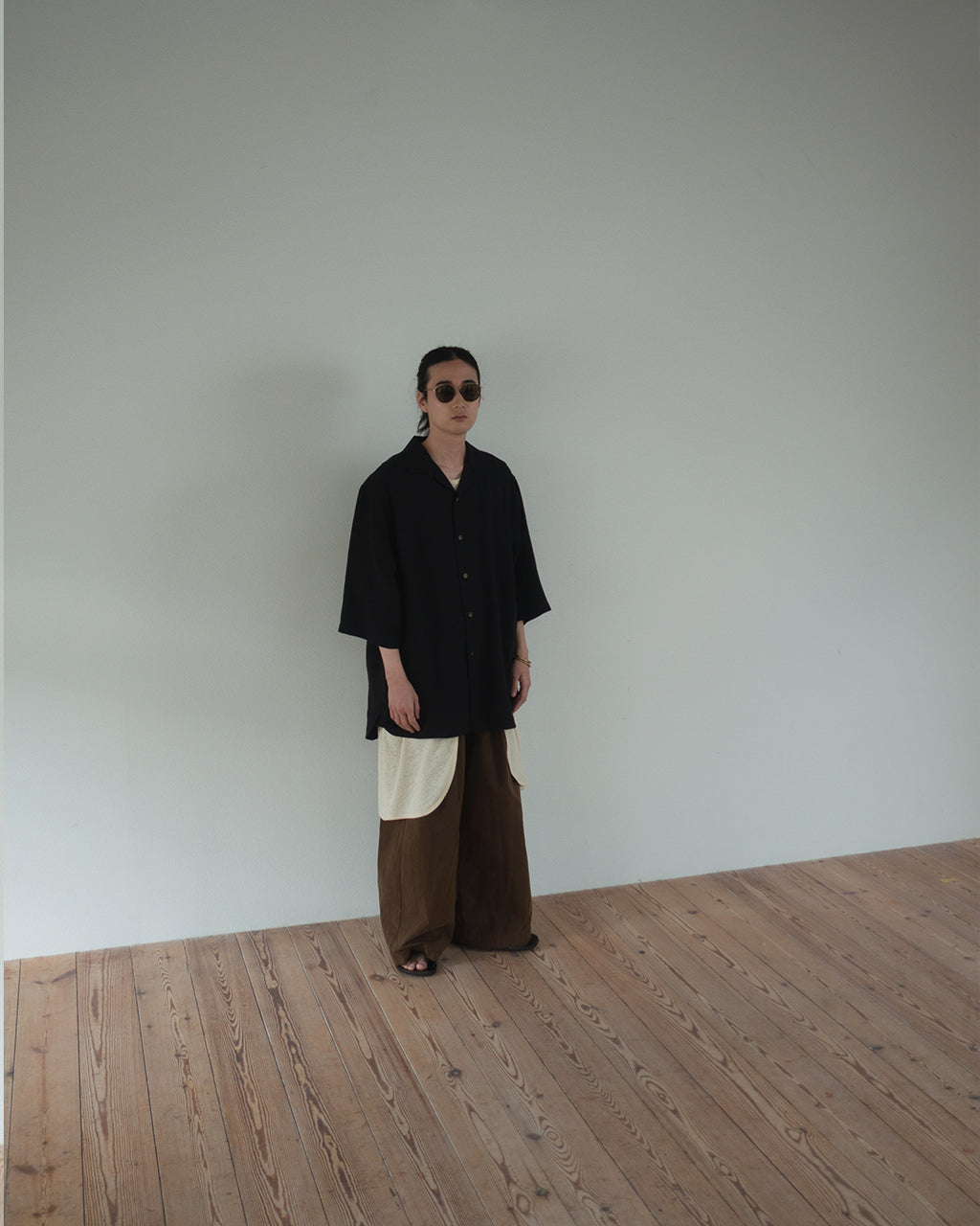 Wash Linen Open Collar 3/4 Sleeve Sleeping Shirt <#black>