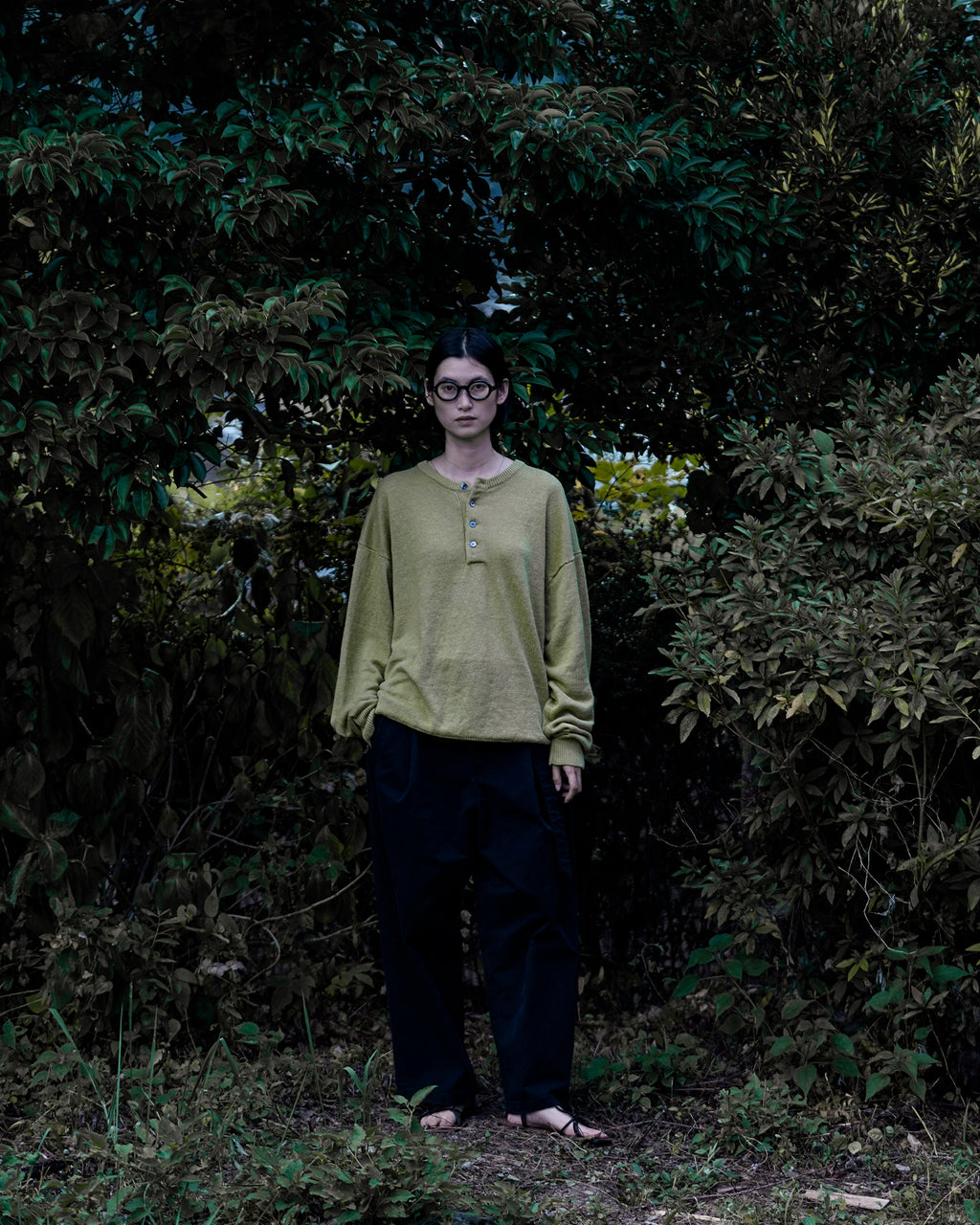 Linen Mid-Gauge Henley Neck Knit Pullover <#yellow>