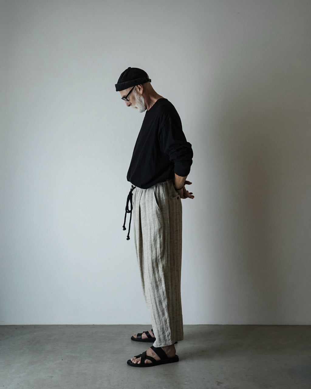 Linen Herringbone Button-Fly Easy Sarouel Pants <#heather gray>