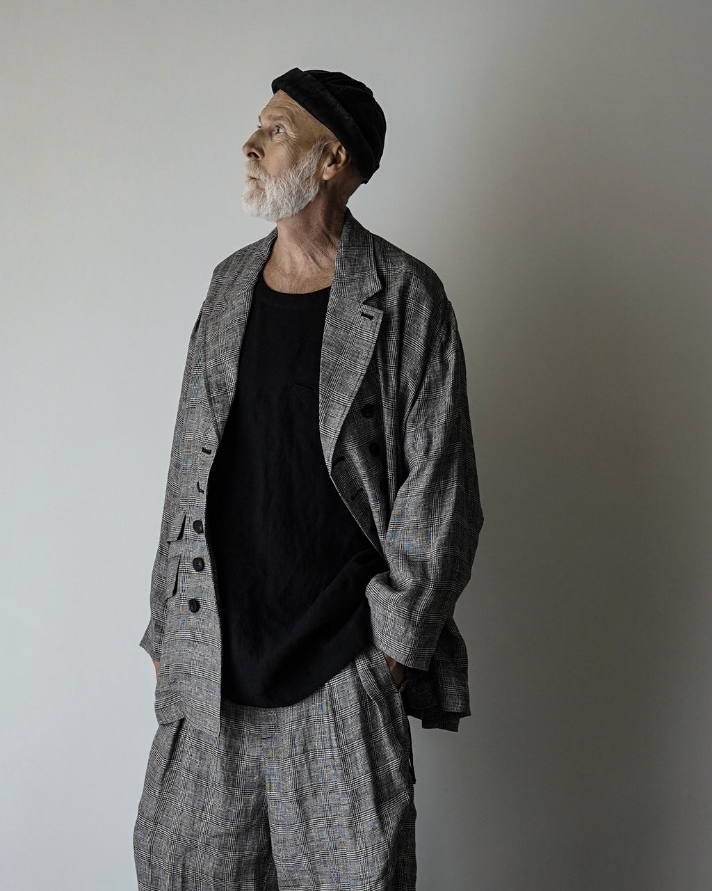 Glen Check Linen Back-Open Button Design Semi-Double Jacket <#glen check>