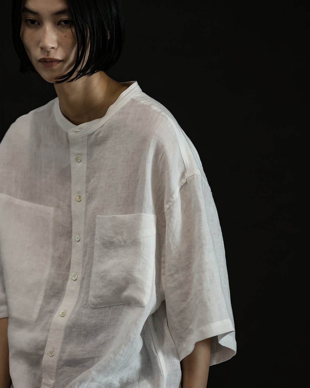Wash Linen Band Collar Henley Neck Like Half Sleeve Atelier Shirt <#off white>