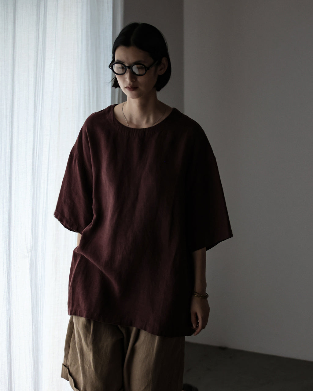 French Linen Crew Neck Half Sleeve Oversized Pullover <#burgundy>