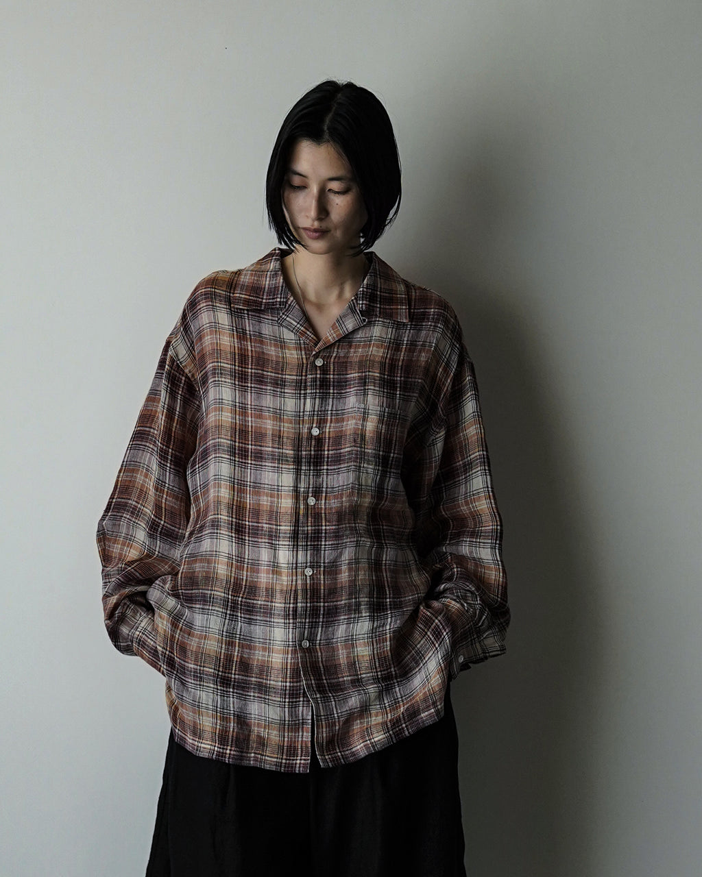 Linen Madras Check Open Collar Long-Sleeve Gathered Shirt<#red check>