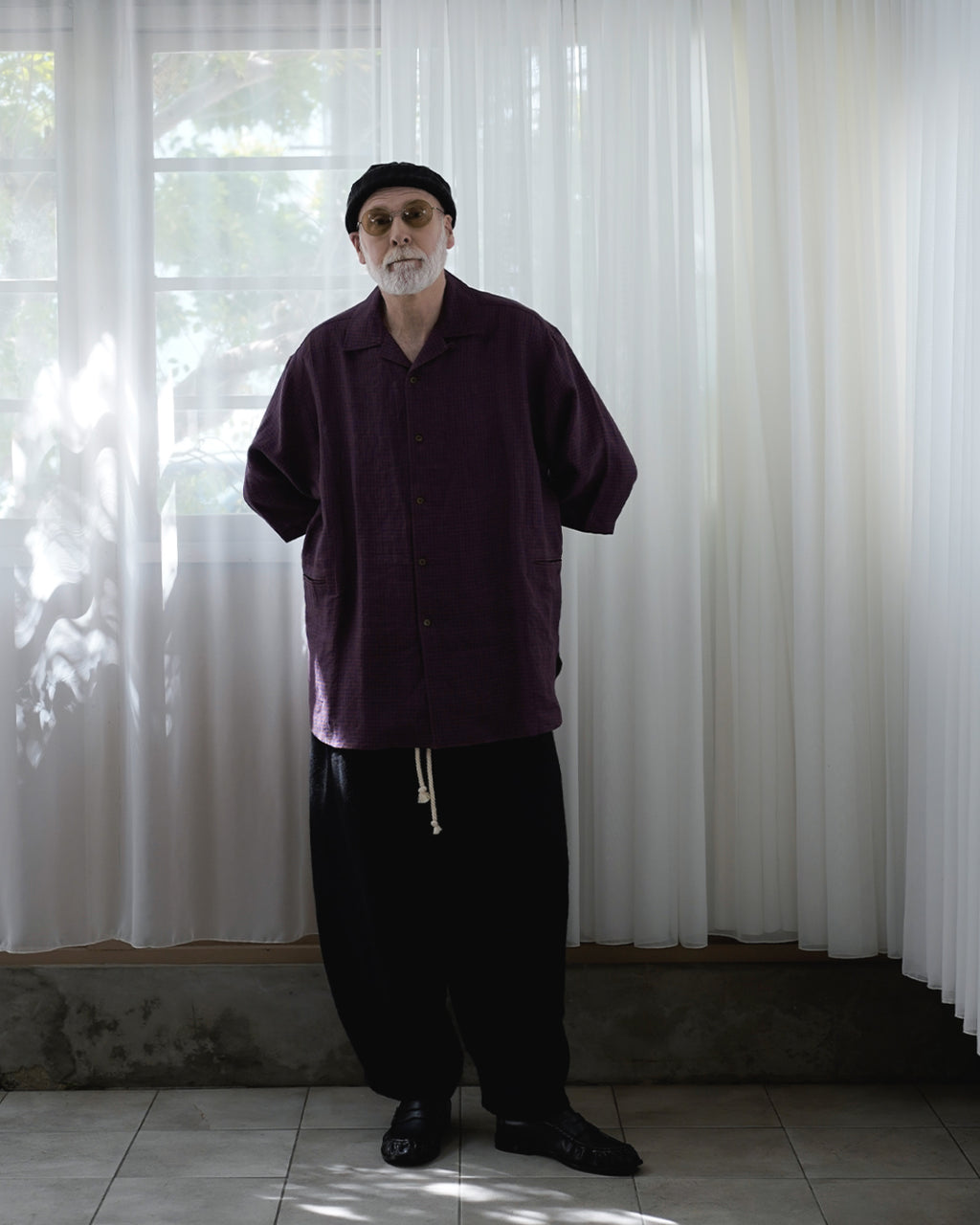 Wash Linen Open Collar 3/4 Sleeve Sleeping Shirt <#brown×navy>