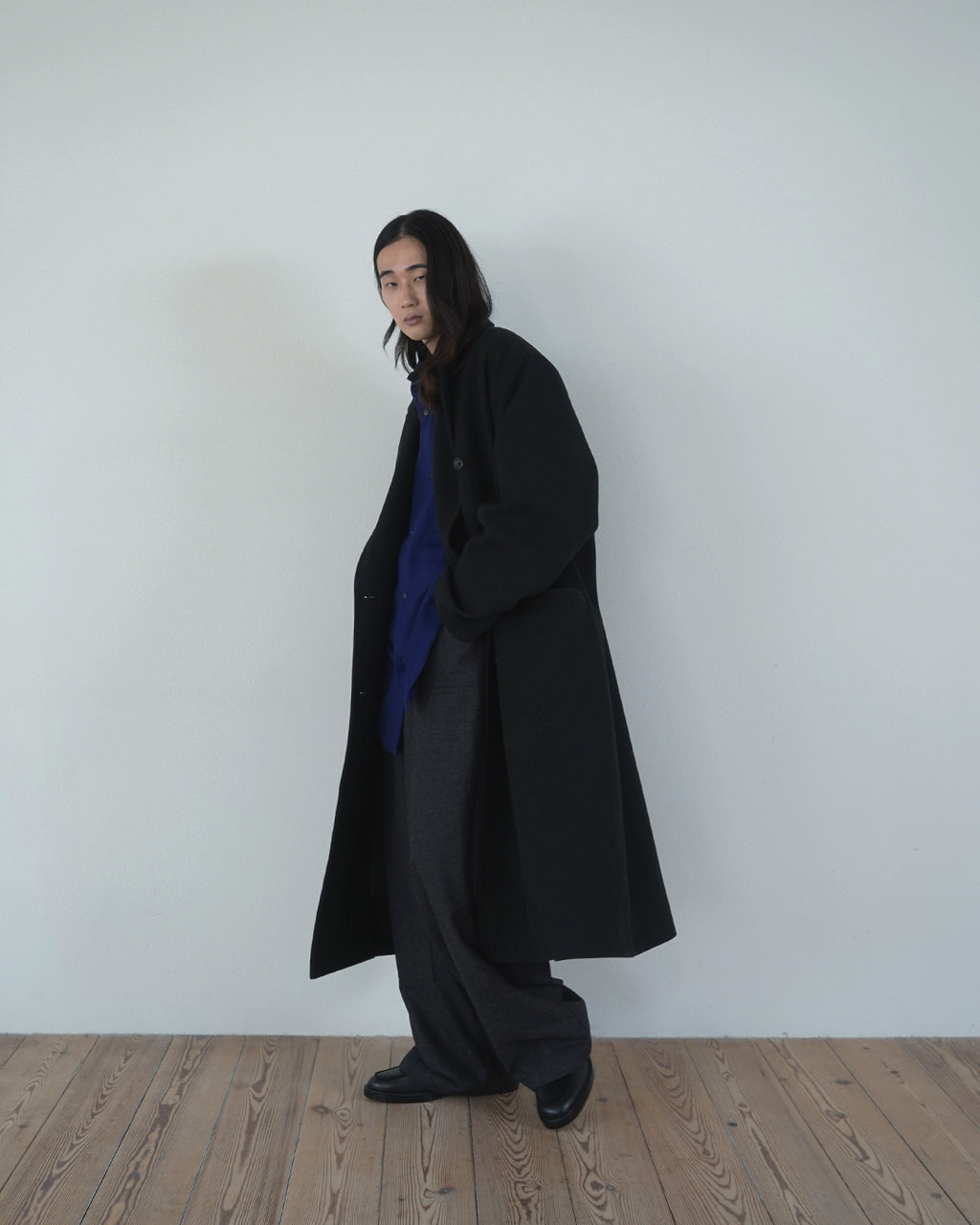 Wool Blend Double-Breasted Long Coat <#black>