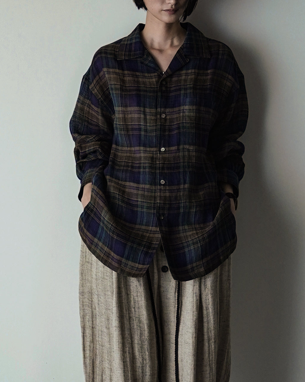 Linen Madras Check Open Collar Long-Sleeve Gathered Shirt<#navy check>