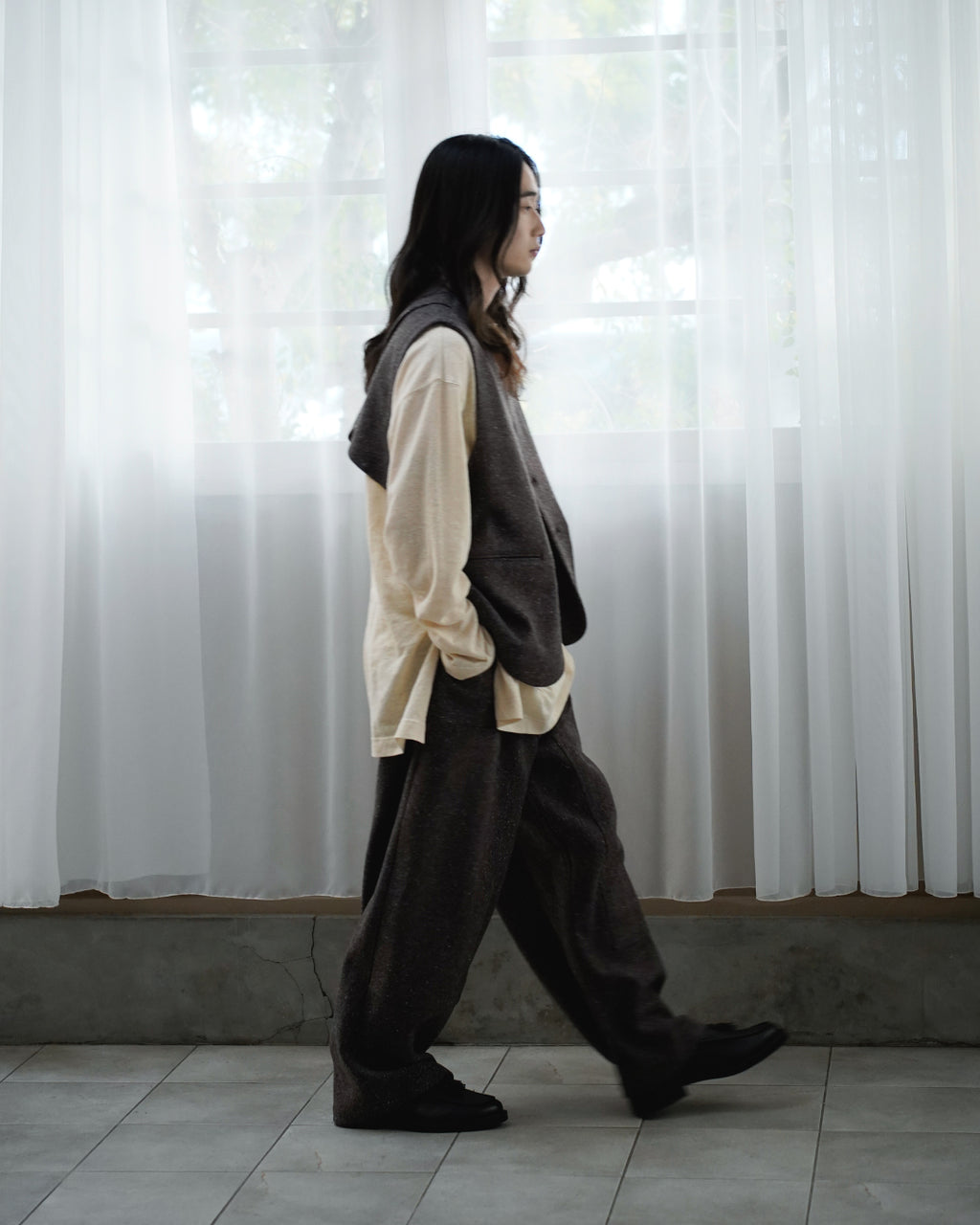 Wool Blend Tweed Back-Open Layered Crew Neck Vest <#brown>