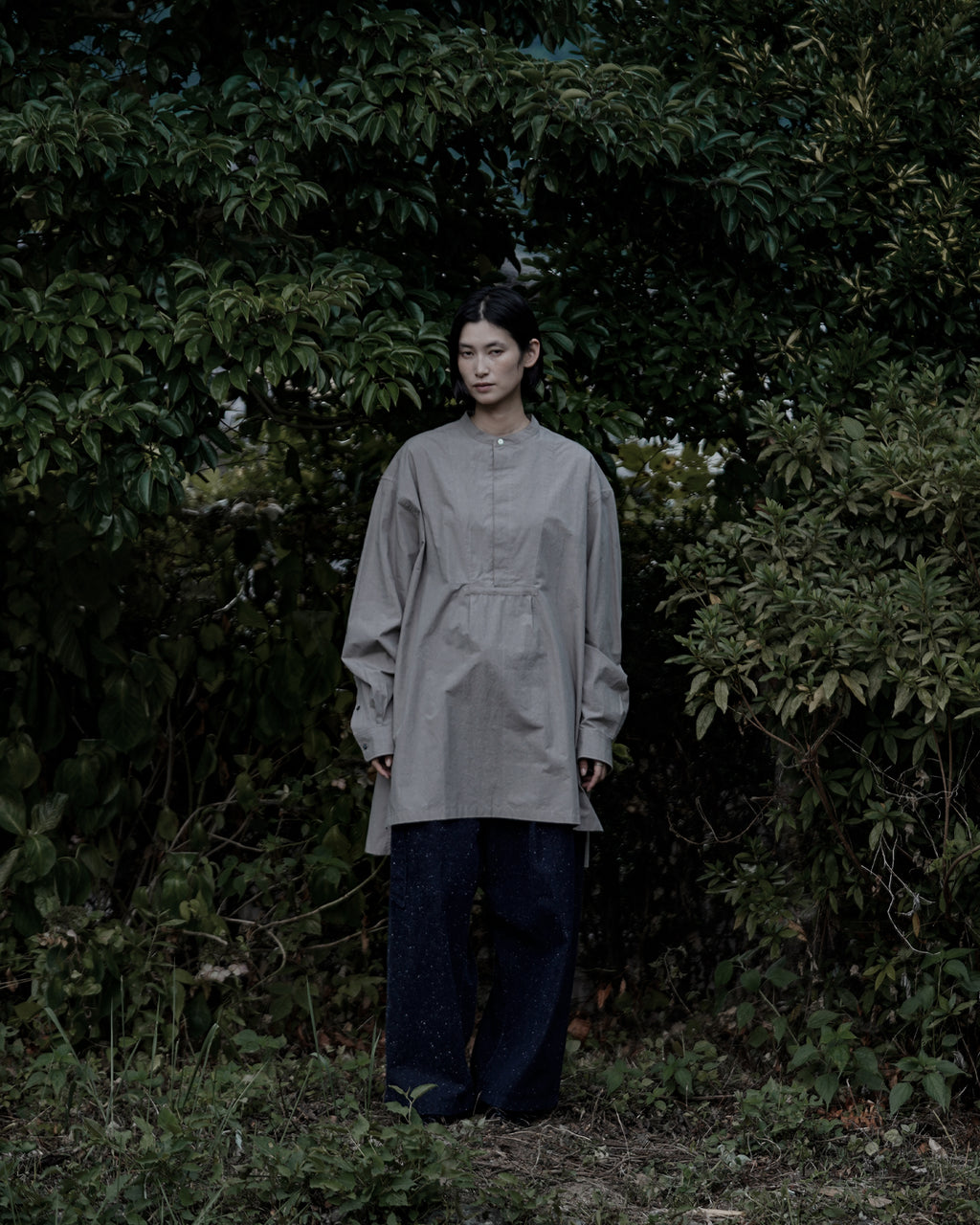 Organic Cotton Band Collar Side Slit Grandpa Shirt <#gray>