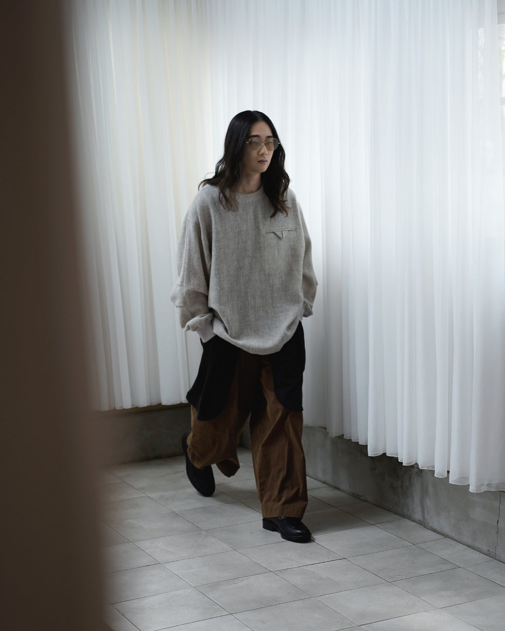 Shetland Wool Linen Crew Neck LS Tuck Rib Pullover <#light gray>