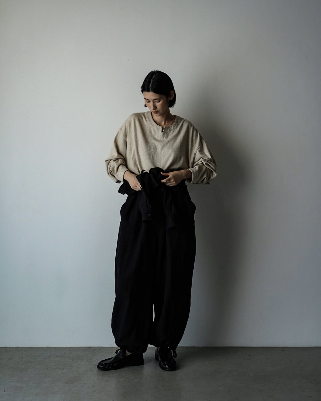 Wash Linen Band Collar Long-Sleeve Jumpsuit <#black>