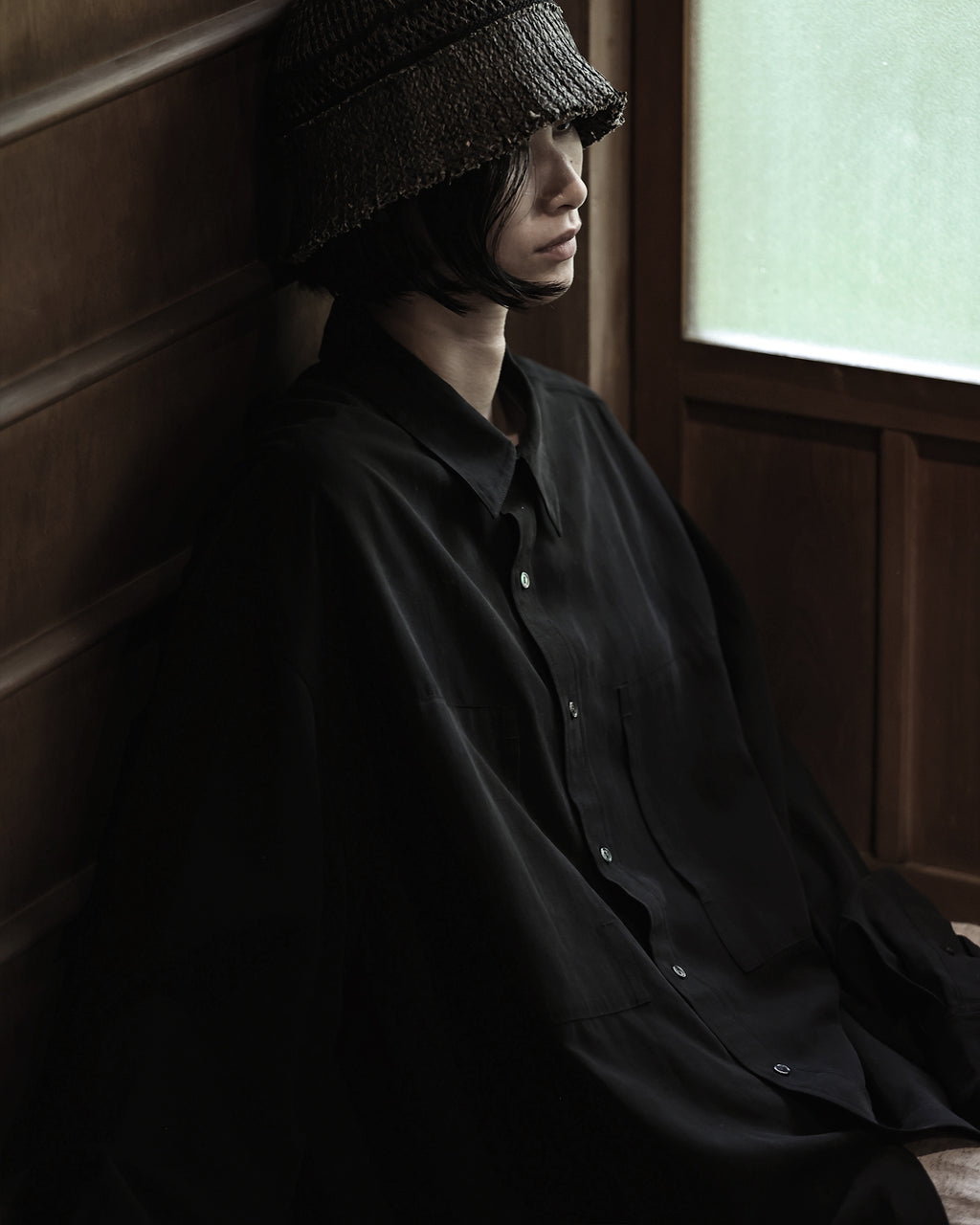 Linen-Tencel Double Pocket Regular Collar Over Shirt <#black>
