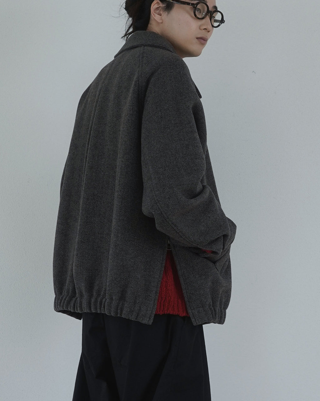 Wool Blend Herringbone Tweed Volume Zip Blouson <#brown>