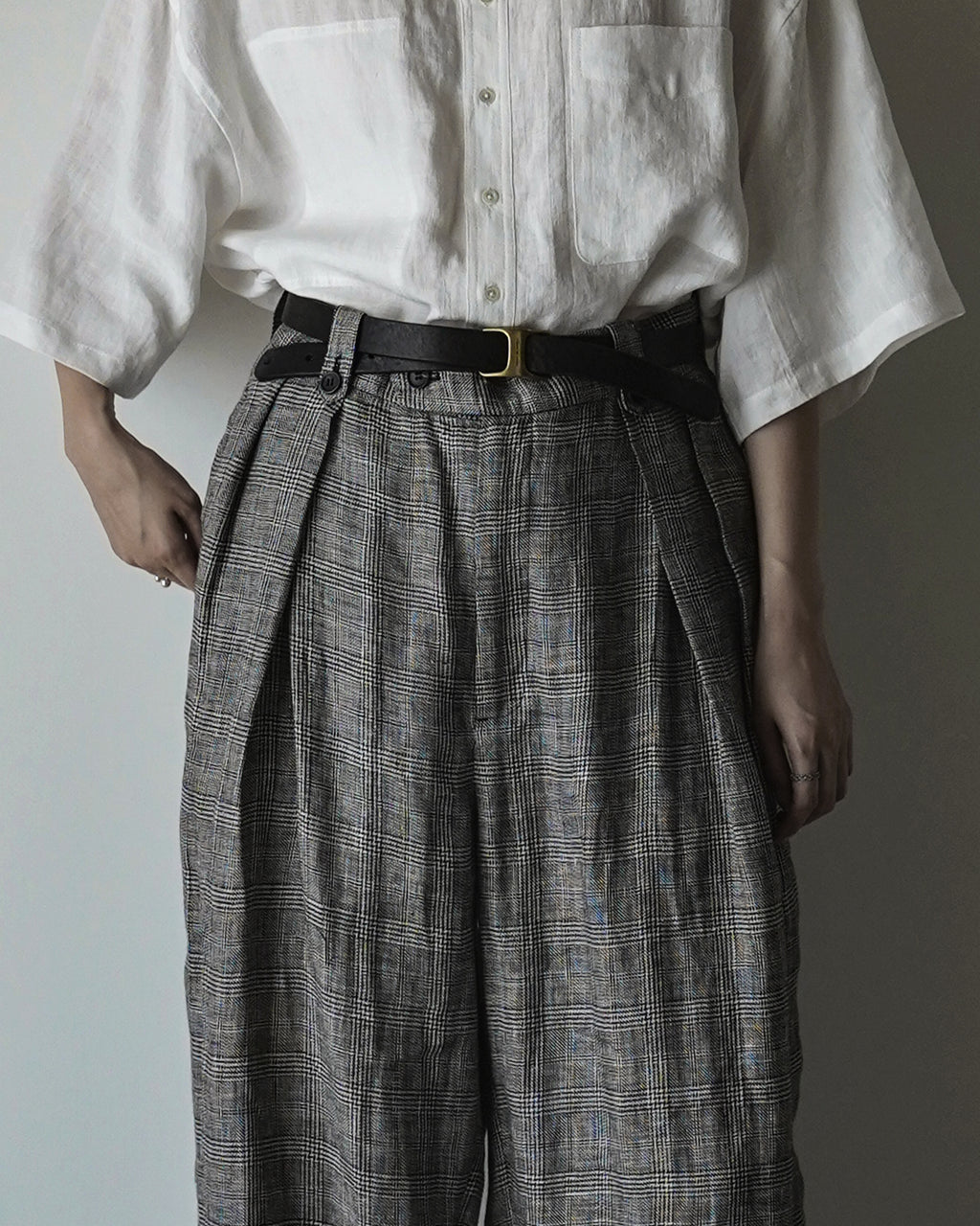 Glen Check Linen Back Belt 3Tuck Wide Straight Trousers <#glen check>