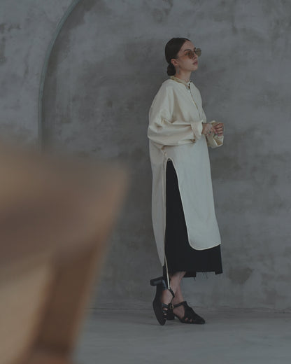 Key Neck Side Slit Long Length Pullover Shirt.