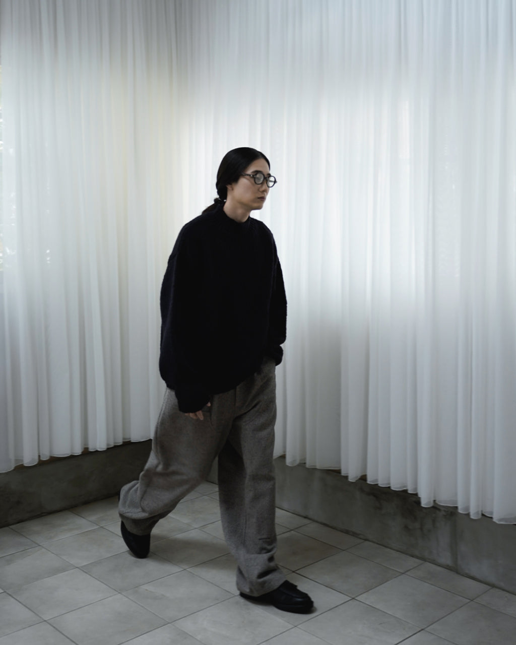Wool Blend High Neck Hand-like Knit / Sweater <#black>