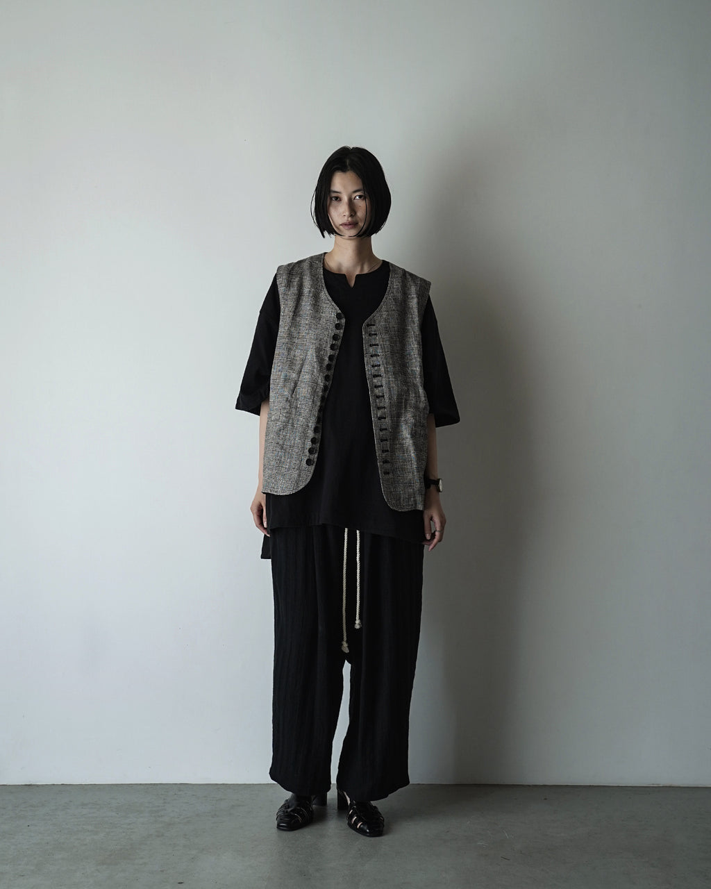 Linen Herringbone Button-Fly Easy Sarouel Pants <#black>