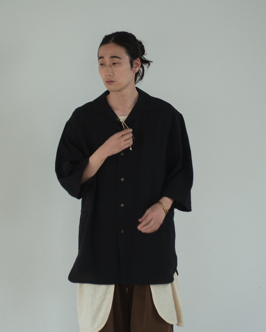 Wash Linen Open Collar 3/4 Sleeve Sleeping Shirt <#black>