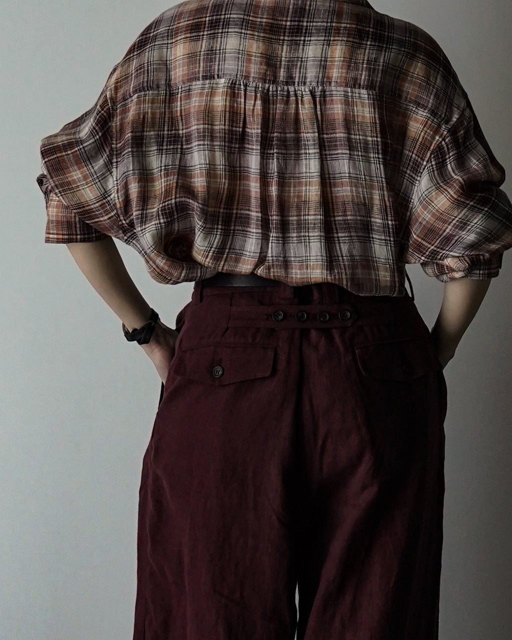 French Linen Back Belt 3Tuck Wide Straight Trousers <#burgundy>