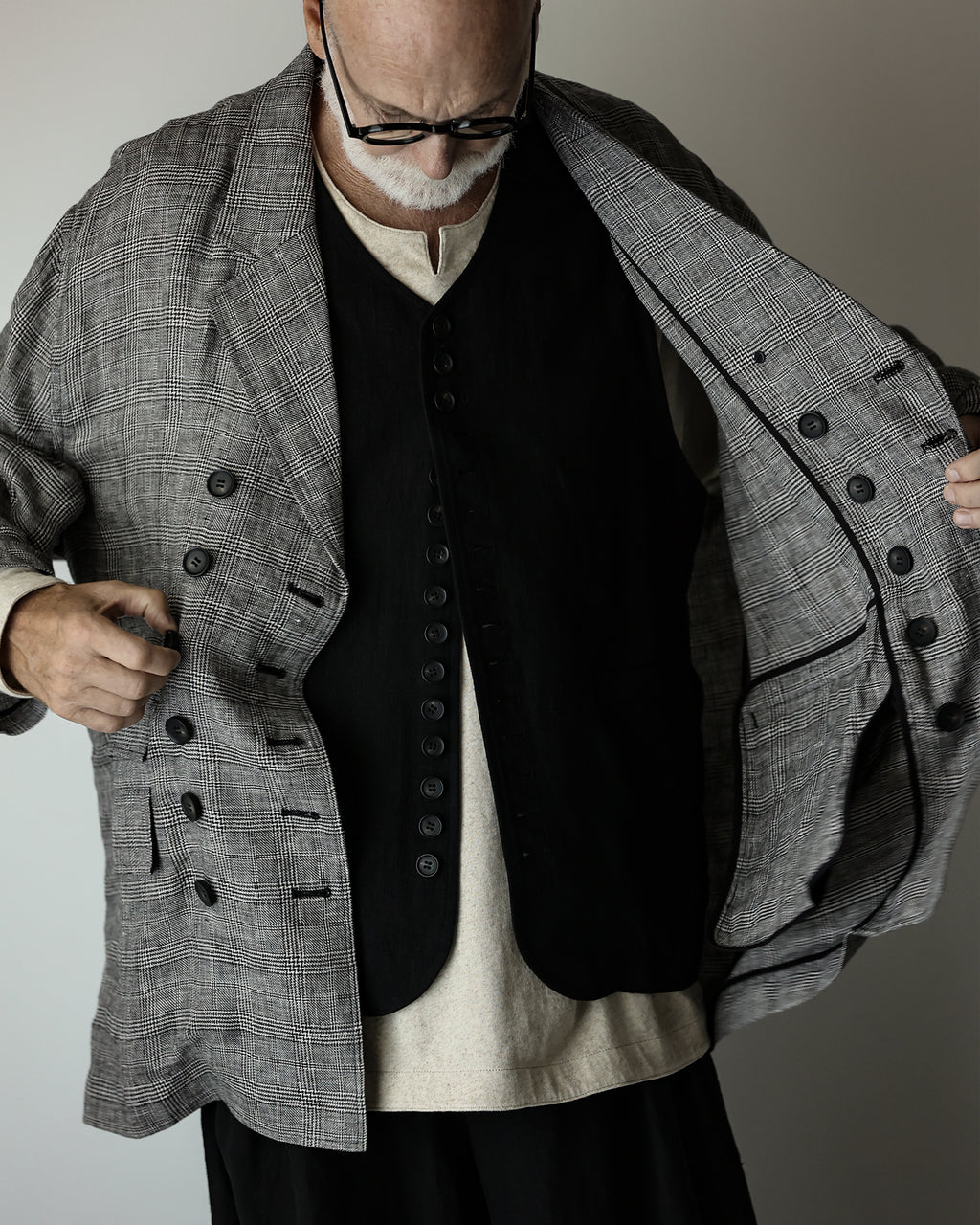 Glen Check Linen Back-Open Button Design Semi-Double Jacket <#glen check>