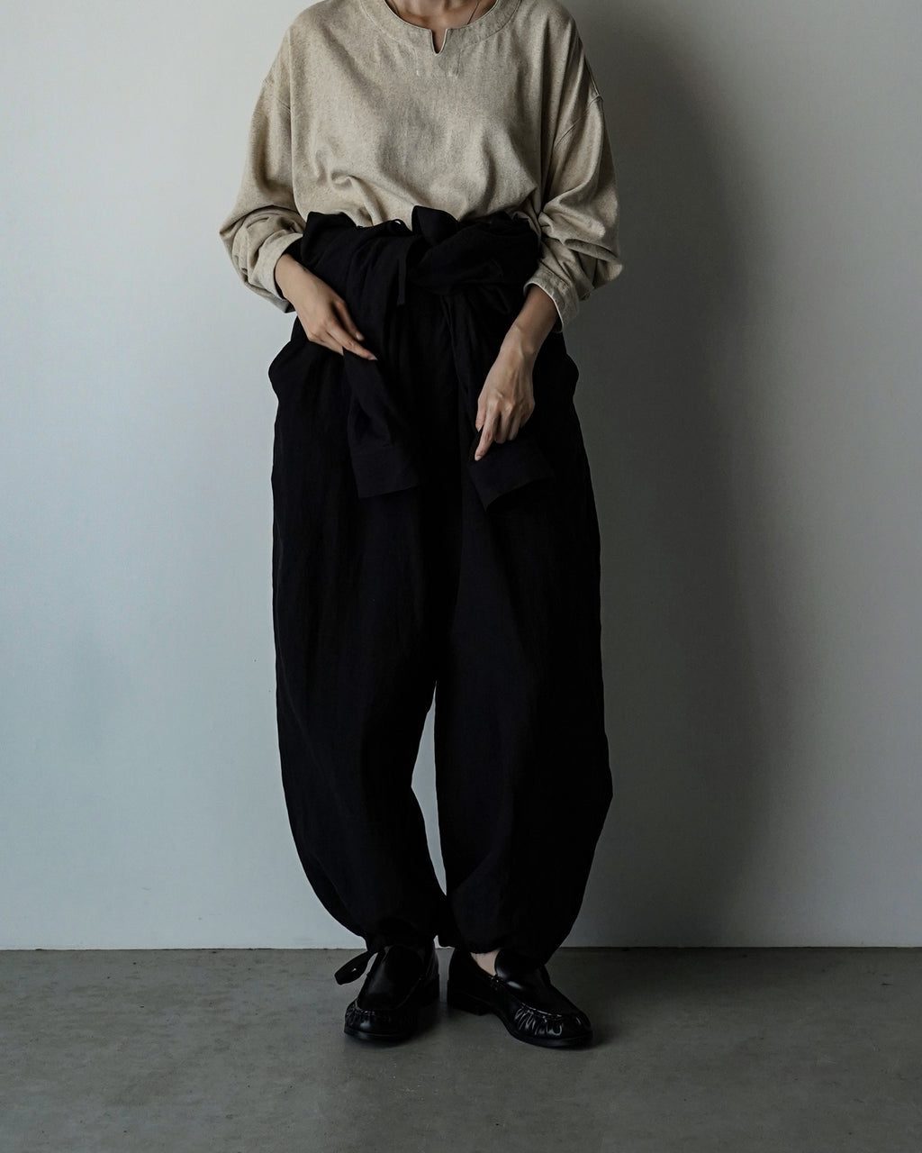 Wash Linen Band Collar Long-Sleeve Jumpsuit <#black>
