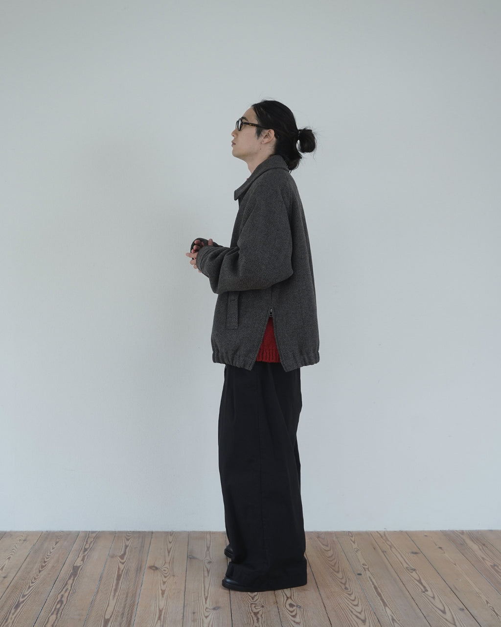 Wool Blend Herringbone Tweed Volume Zip Blouson <#brown>