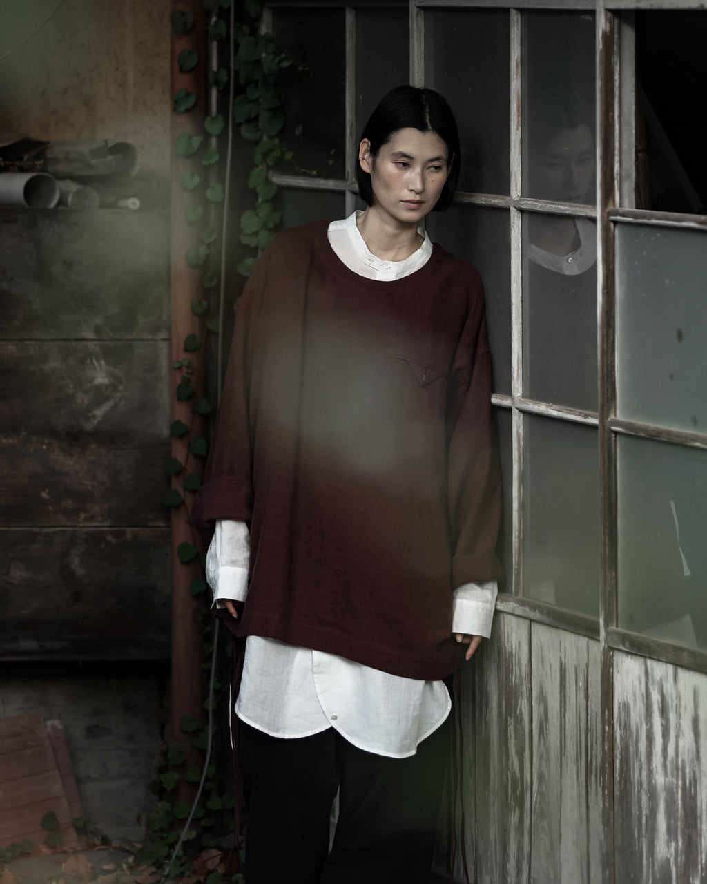 French Linen Side Shirring Long-Sleeve Pullover<#burgundy>
