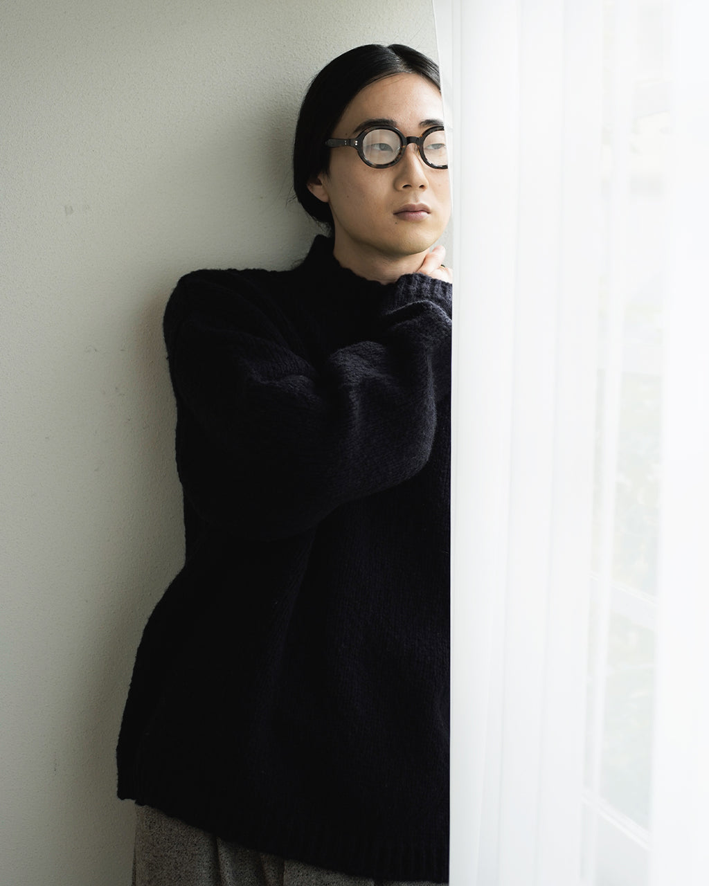 Wool Blend High Neck Hand-like Knit / Sweater <#black>