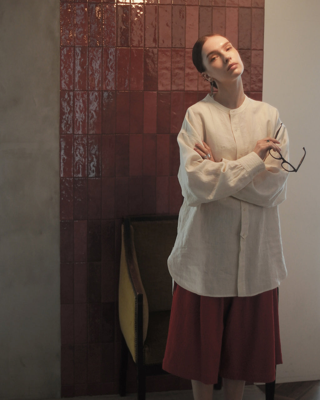 Band Collar Henley Neck Like Atelier Shirt <#off white>