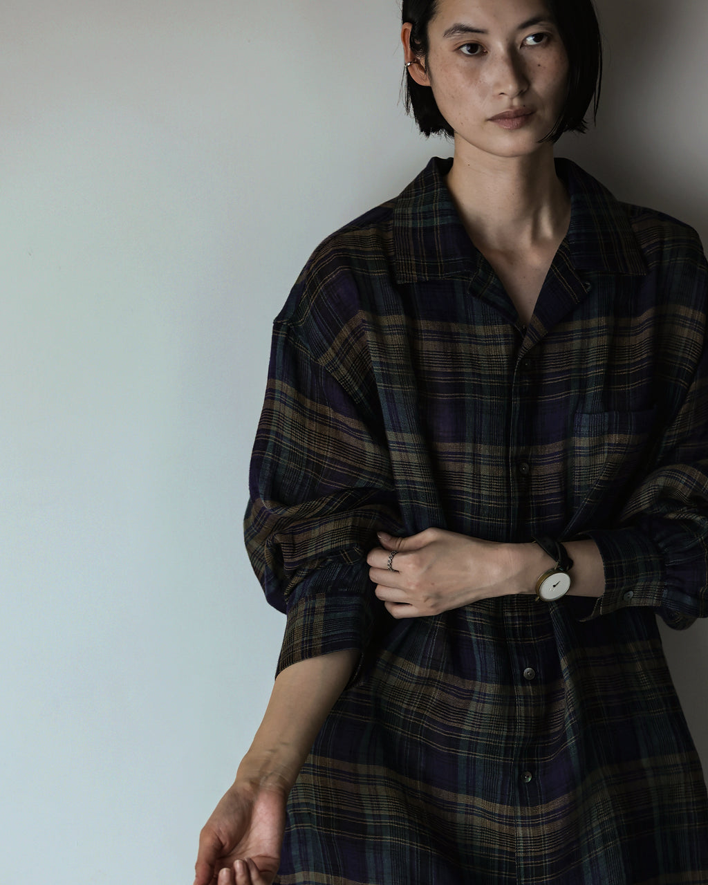 Linen Madras Check Open Collar Long-Sleeve Gathered Shirt<#navy check>